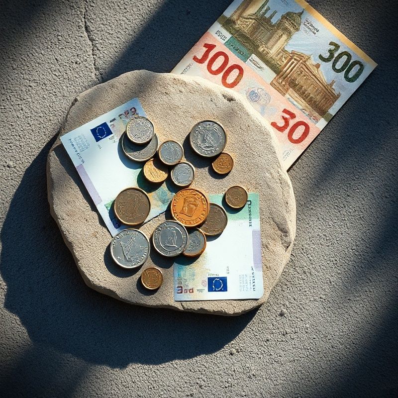 Kovanice i novčanice na kamenoj podlozi u azurnim tonovima